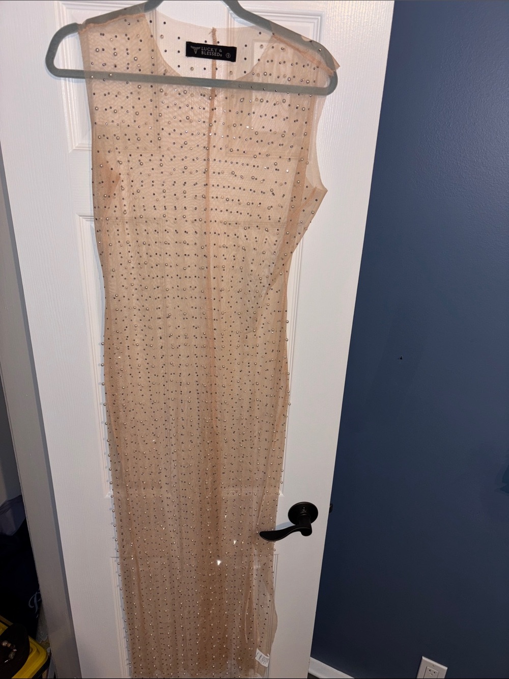 Lucky & Blessed Beaded Sheer Maxi Dress in Nude